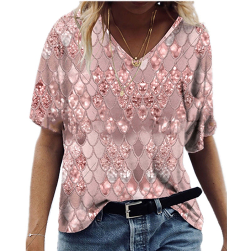 3D Printed Loose V Neck Short Sleeve T Shirt Top