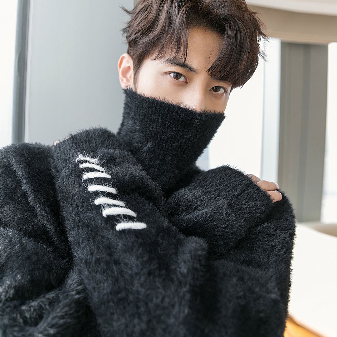 Men's Lace Design Mink Turtleneck Sweater