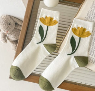 Women's Retro Autumn Simplicity All-match Flower Tube Socks Combed Cotton