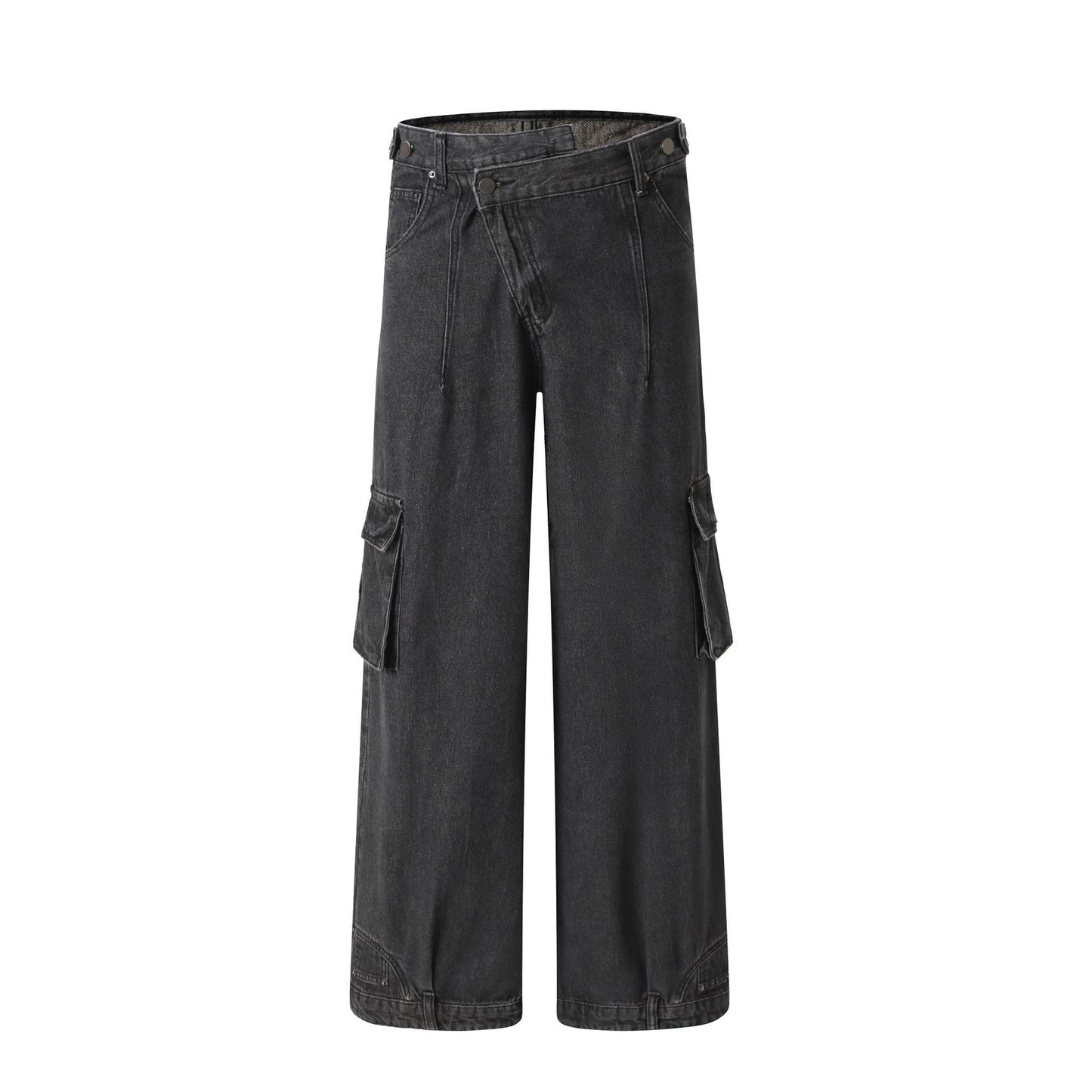 Retro Deconstructed Oblique Placket Wide-leg Workwear Jeans