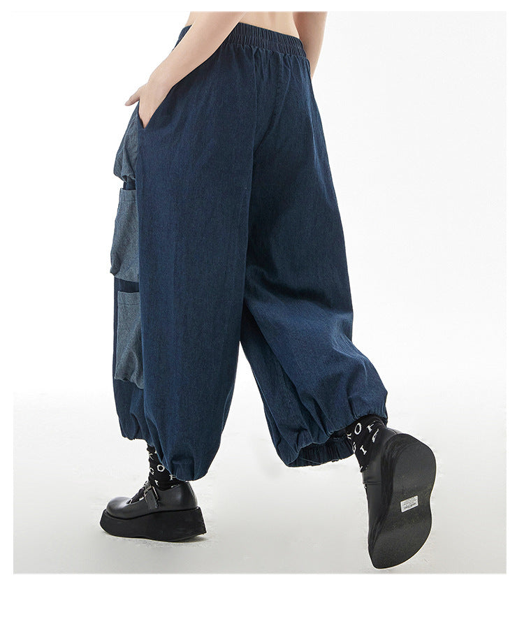 Retro Hong Kong Style Color Contrast Patchwork Wide-leg Jeans High Waist Slimming Casual Straight-leg Cropped Pants