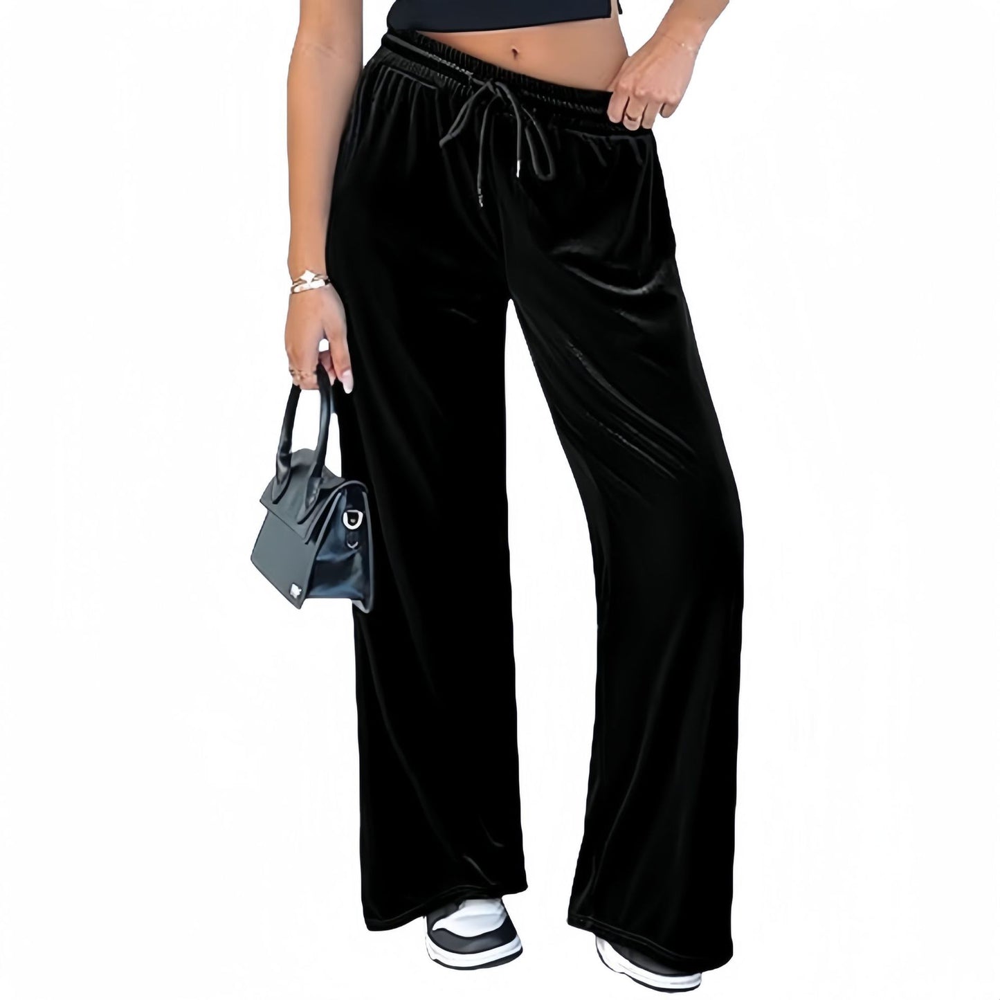 Velvet Pants With A Drawstring Waist And Wide Legs