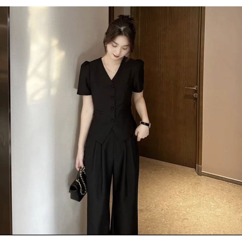 New Flattering Short Sleeve Top Casual Wide-leg Pants Two-piece Set For Women