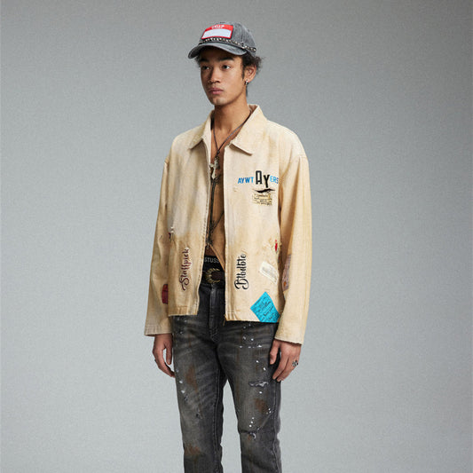 Embroidered Lapel Workwear Jacket For Men