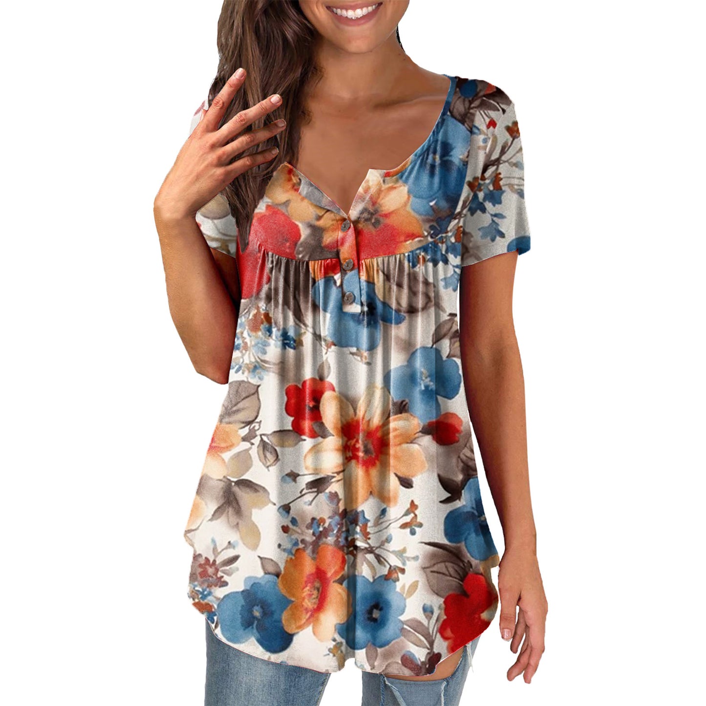 Ladies' Printed Ruffled Pullover Short Sleeve