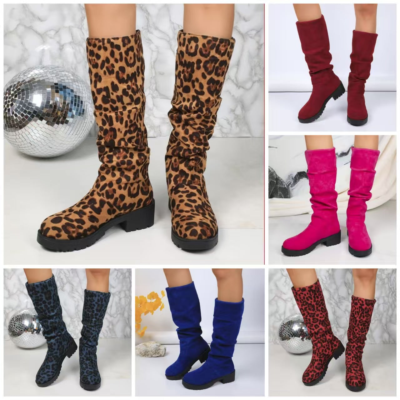 Leopard-print Suede Block-heeled Versatile Pleated Booties