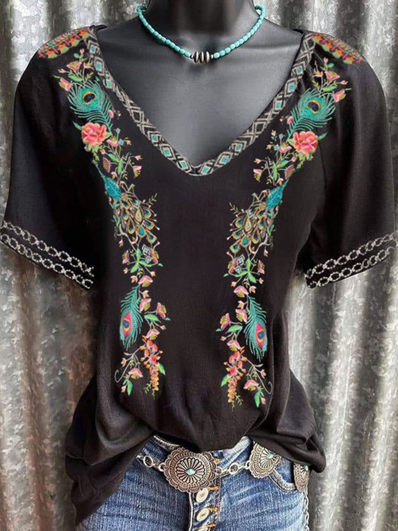 Women's Bohemian Print V-Neck Casual Short Sleeve T-Shirt