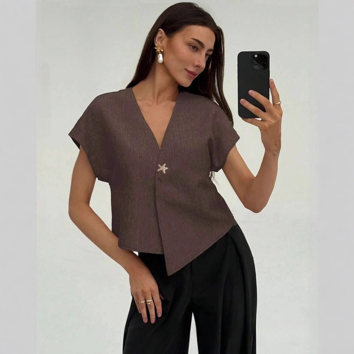 Wide-shoulder Waist-cinching Irregular Hem V-neck Slimming Sleeved Top
