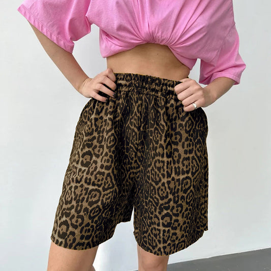 Women's Leopard Print Casual Pants Street Style High Waist Three-quarter Wide Leg Shorts
