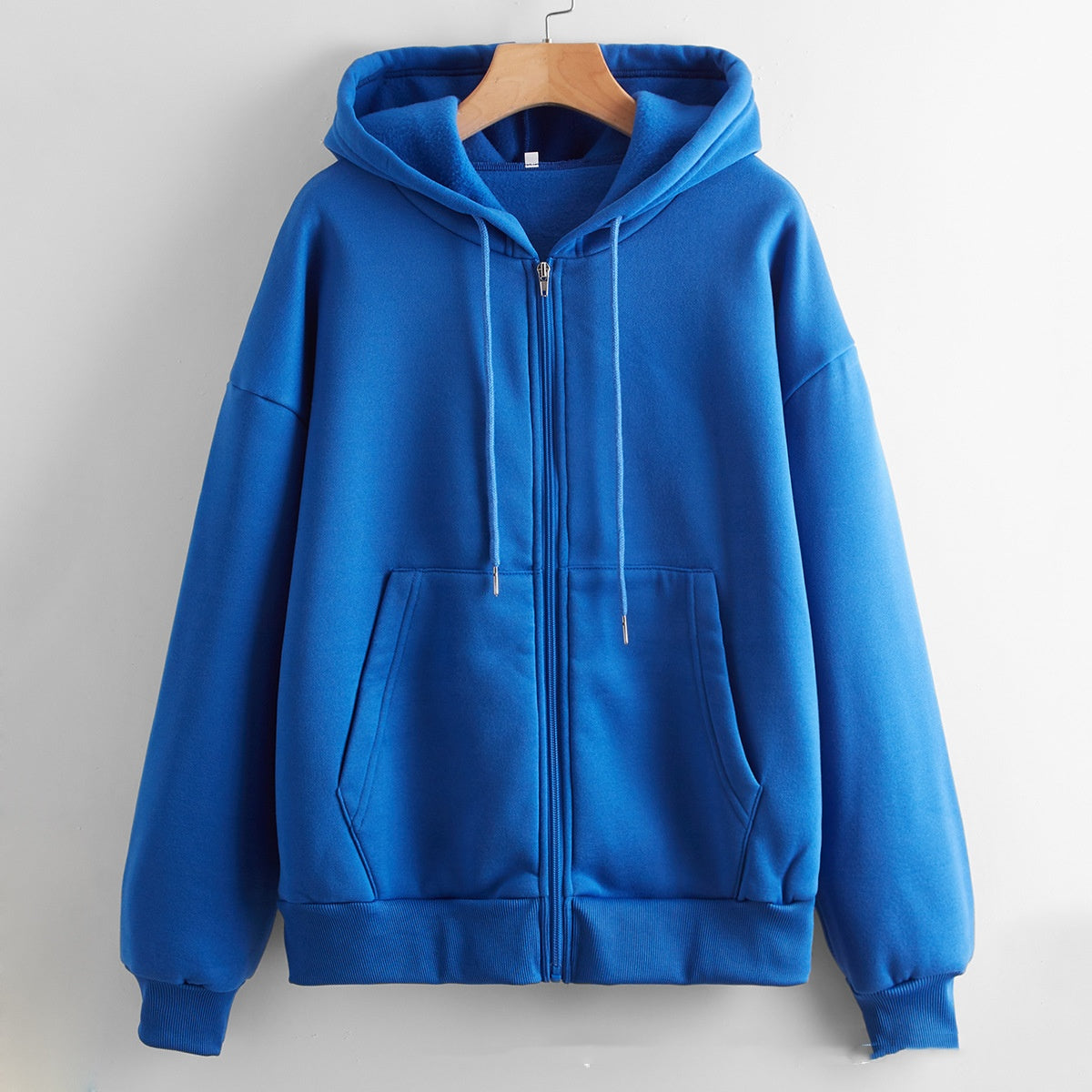 Sweater til kvinder med hætte, ensfarvet, lynlås, løstsiddende, foret frakke
