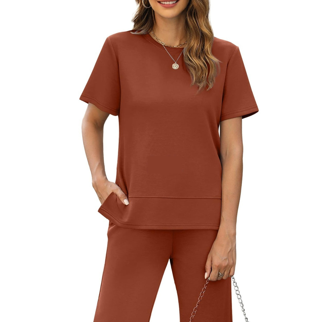 Sexy Women's Round Neck Loose Pullover Short-sleeved Top