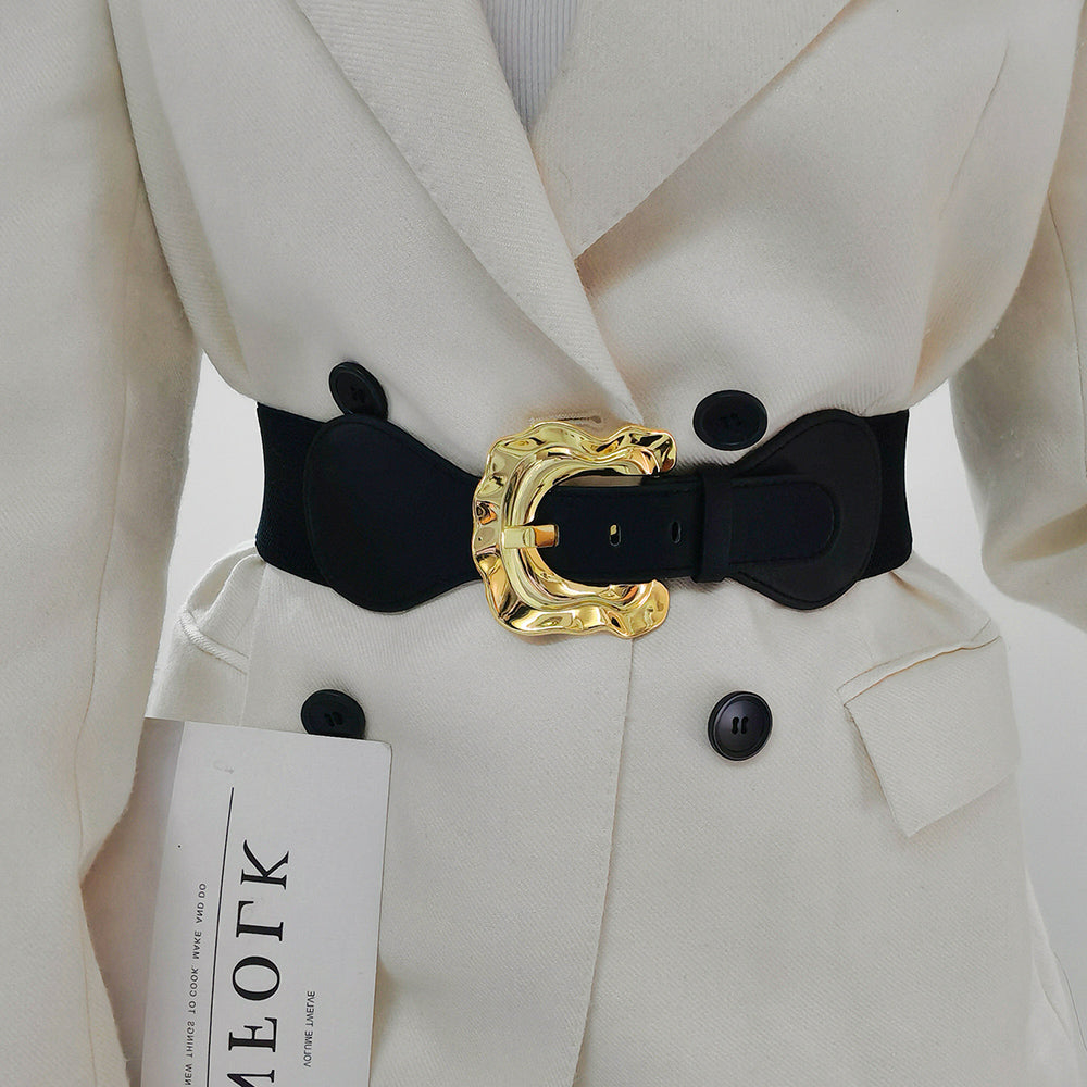 New Autumn And Winter Women's Wide Belt Elastic Elastic Irregular Flanged Alloy Buttonhead Smooth With Shirt Sweater Jacket Waist Seal