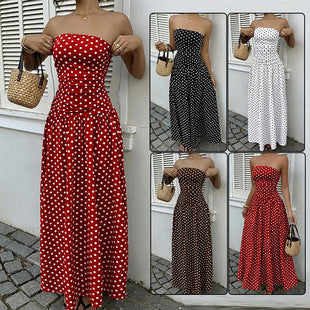 Elegante Prikkede Off-shoulder Kjoler Ensfarvede Stropløse Dame Højtaljede Robe Pendlerfest Forretning Strand Ferie Outfit