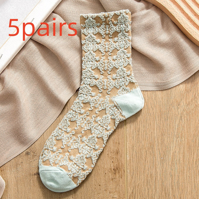 Retro Three-dimensional Relief Socks Women's Tube Flowers Casual Wear