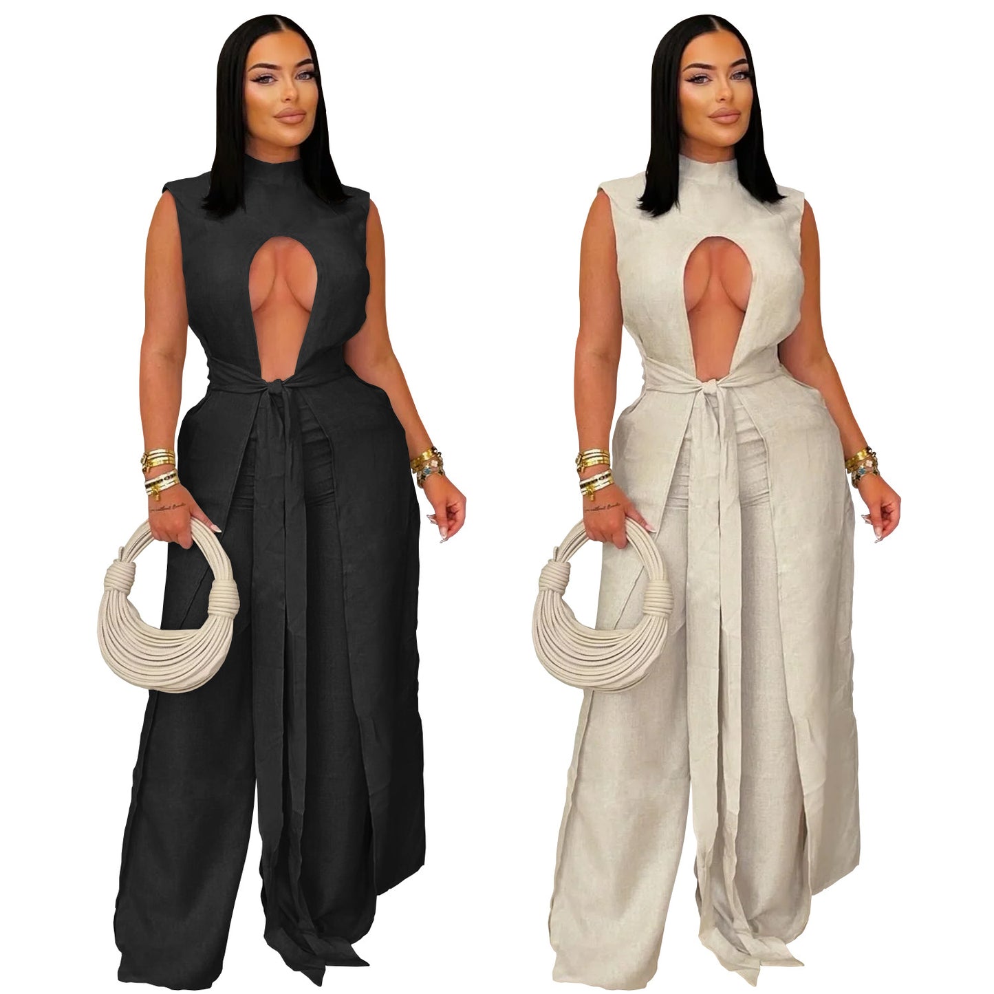 Fashion Women's Wear Sexy Solid Color Lace-up Sleeveless Trousers Suit