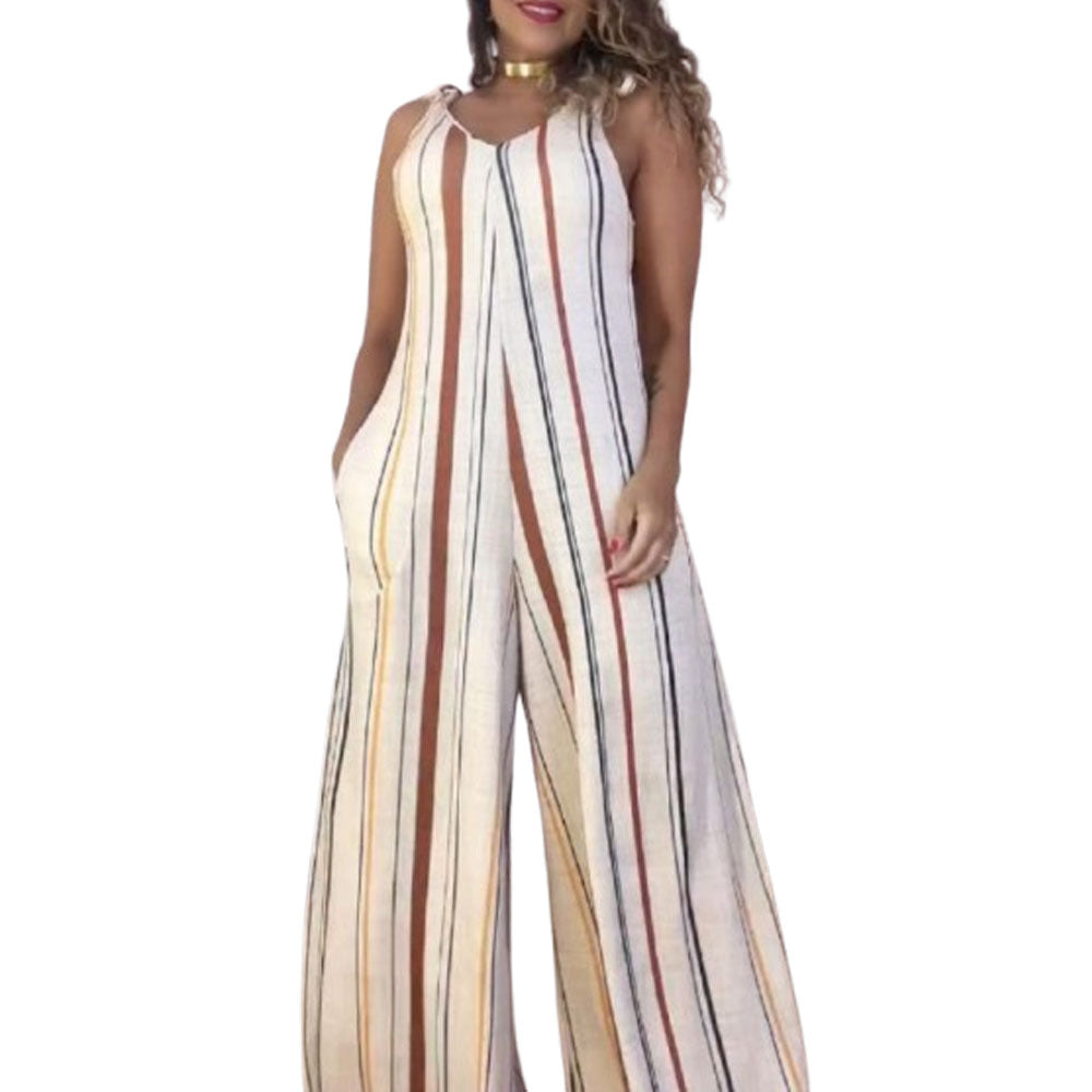 Printed V-neck Lace-up Jumpsuit Pocketed Vest-style Wide-leg Romper