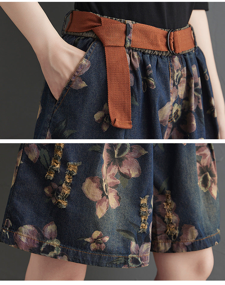 New Fat Sister Print Thin Wide Leg Shorts Women