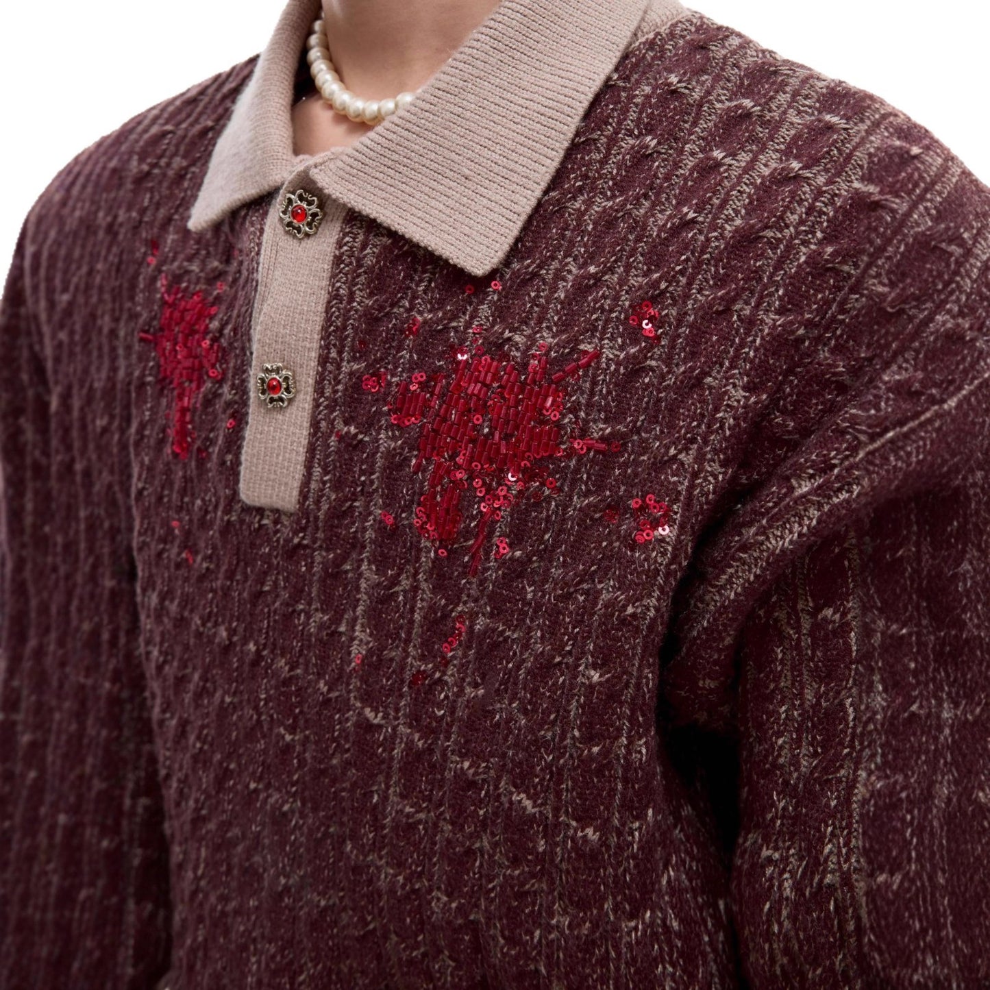 Retro Color-Block Sequin Lapel Sweater Knit Top