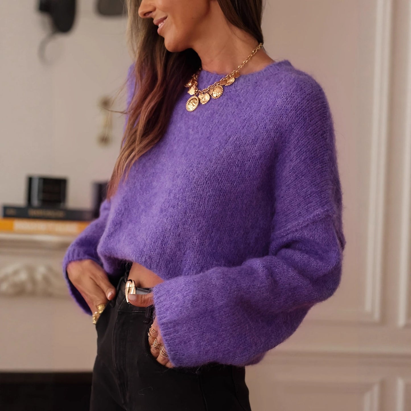Laid-back Casual Loose-fitting Pullover Knit Top