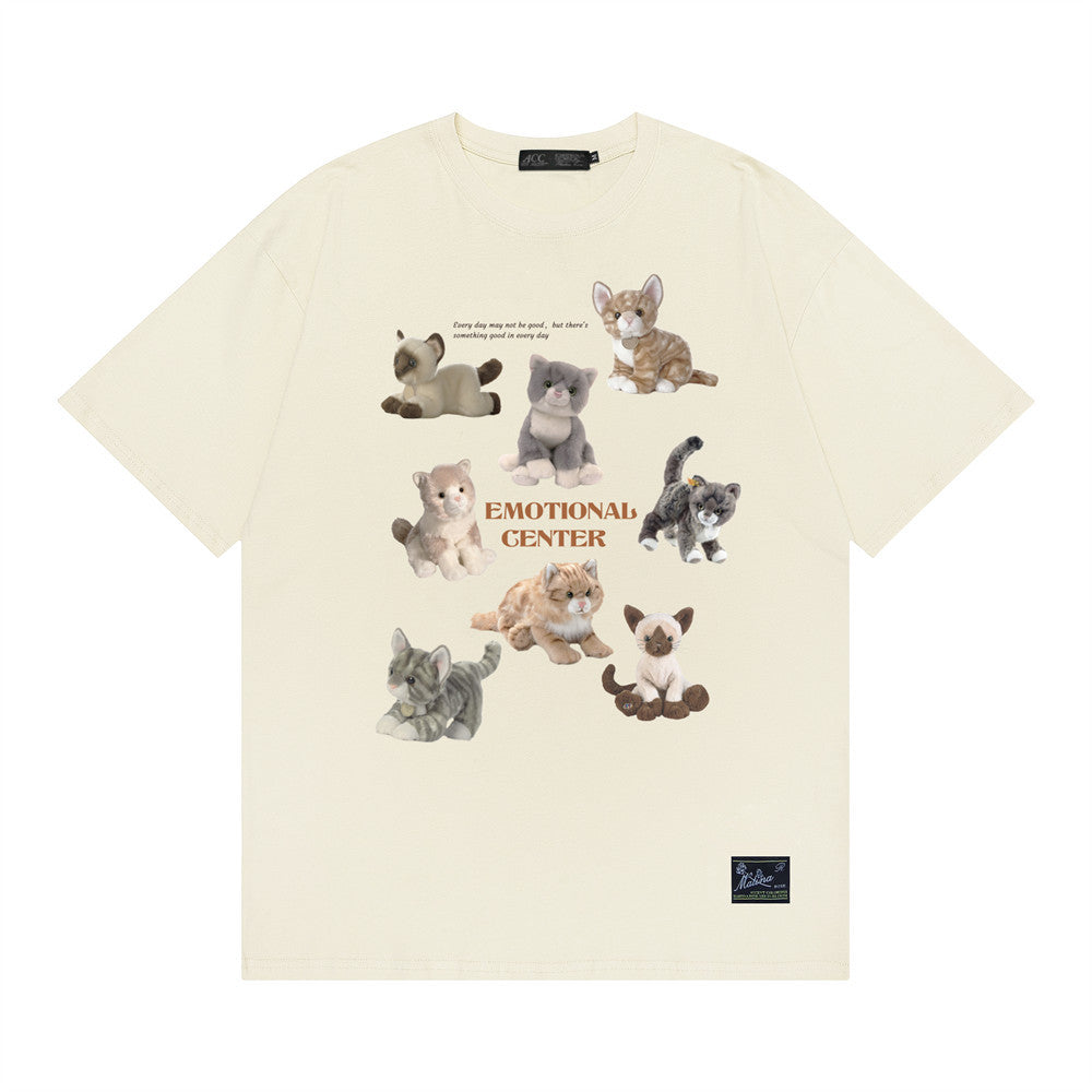 Cartoon Animal Print Kitten Short-sleeved T-shirt Boys Street Fashion Hip Hop