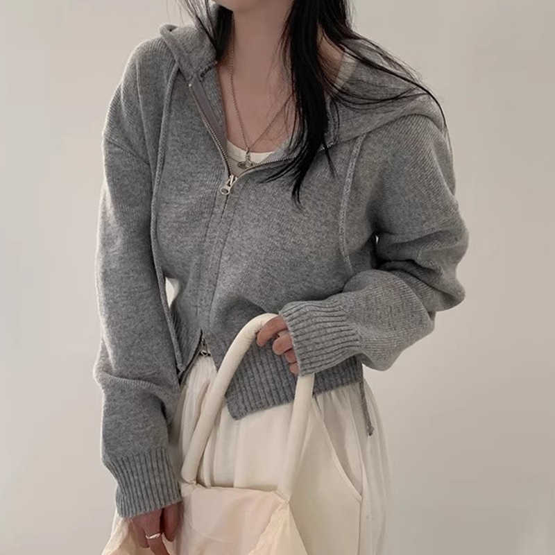 Double Zipper Loose Casual Long Sleeves Hooded Sweater Coat