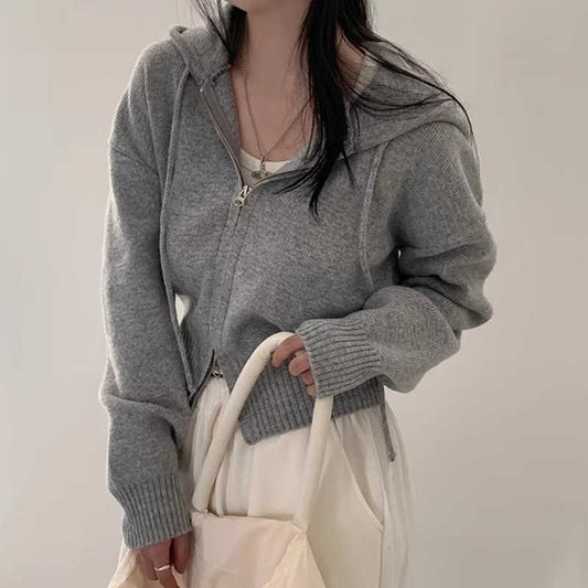 Double Zipper Loose Casual Long Sleeves Hooded Sweater Coat