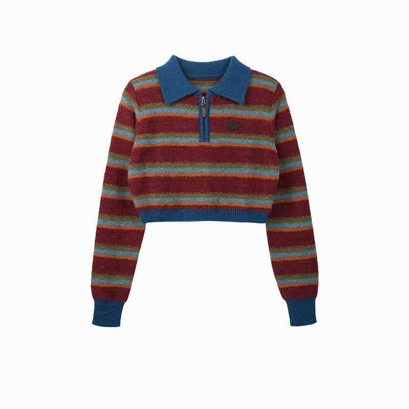Retro Loose Women's Contrast Color Striped Polo Collar Sweater