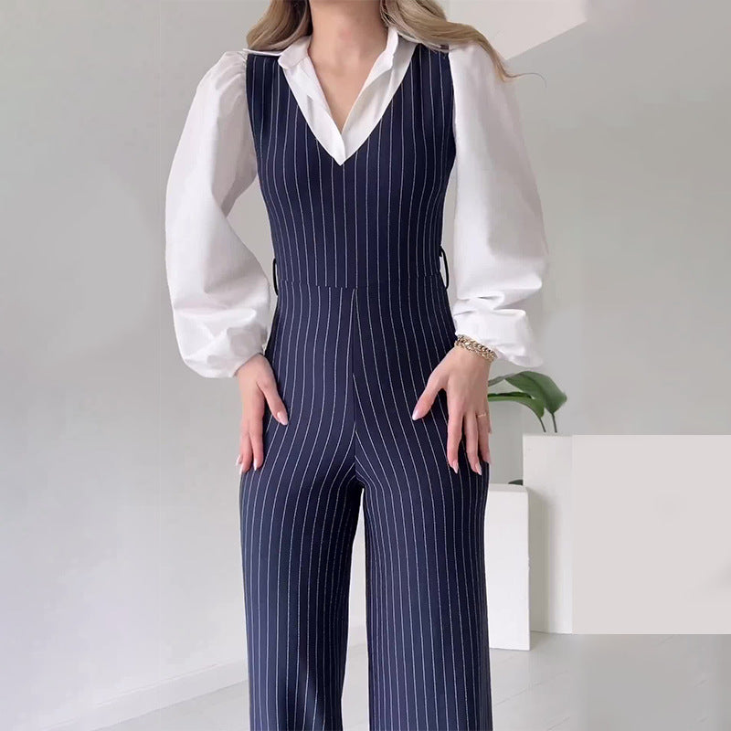 Color Contrast Patchwork Fashion High Waist Striped Straight Jumpsuit