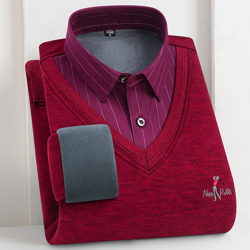 Fleeceforet Tykket Fake Skjortekrave Trøje Fritids Varm Sweater