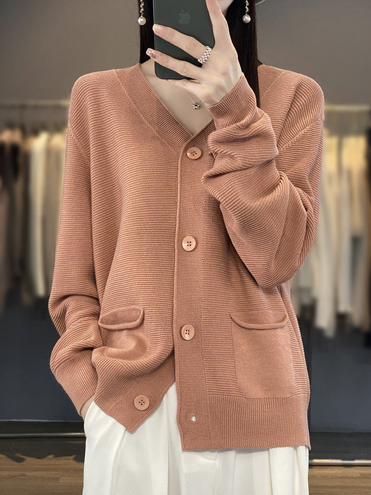 V-neck Solid Color Double Pocket Buckle 100 Cotton Thread Long Sleeve Lazy And Loose Casual Spring Knitted Cardigan For Women
