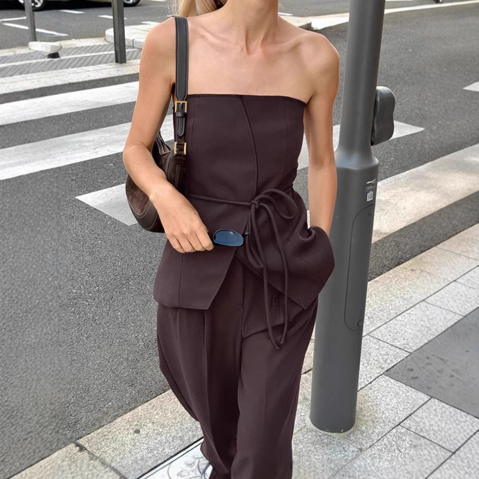 European And American Cross-border Brown Tube Top Wide-leg Pants Two-piece Set Women's Summer Fashion Vest Suit Design Sense Women's Clothing