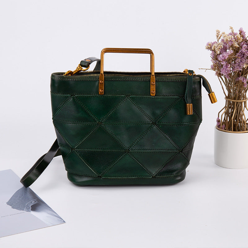 Geometric Stitched Cowhide Women's Bag Work Commute Literary Handbag