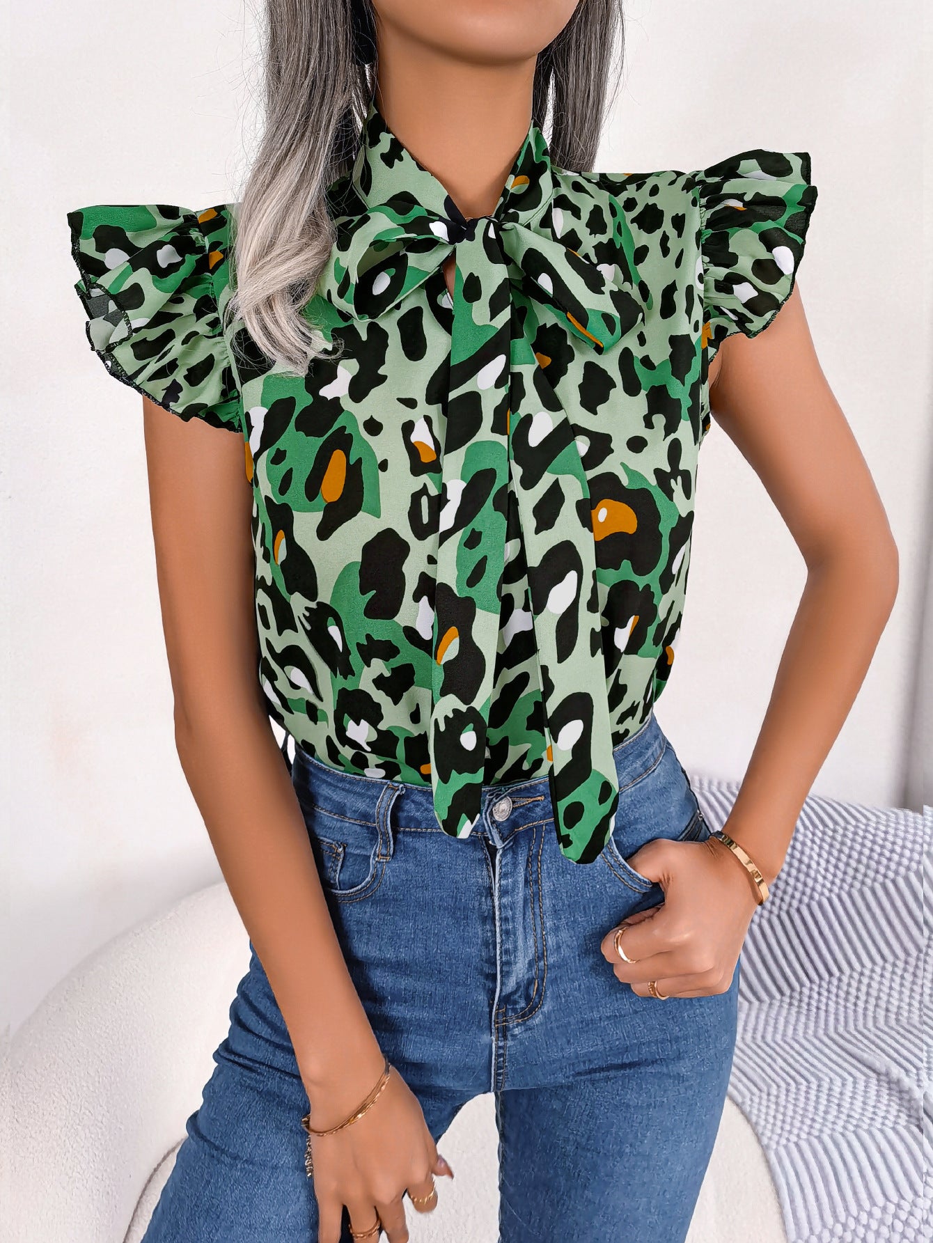 Women's Casual Leopard Print Ruffle Trim Tie Chiffon Blouse Top