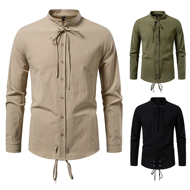 Pirate Drawstring Men's Cotton And Linen Long Sleeve European Size Shirt