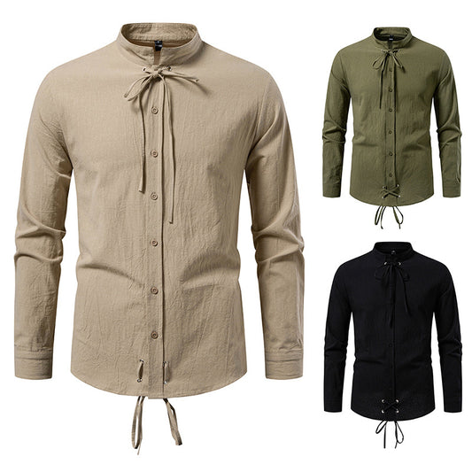 Pirate Drawstring Men's Cotton And Linen Long Sleeve European Size Shirt