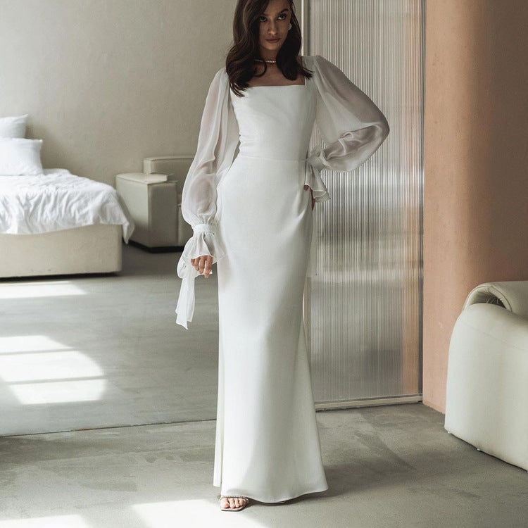Square Collar Stitching Mesh Flared Sleeves Waist Slimming Fishtail Dress