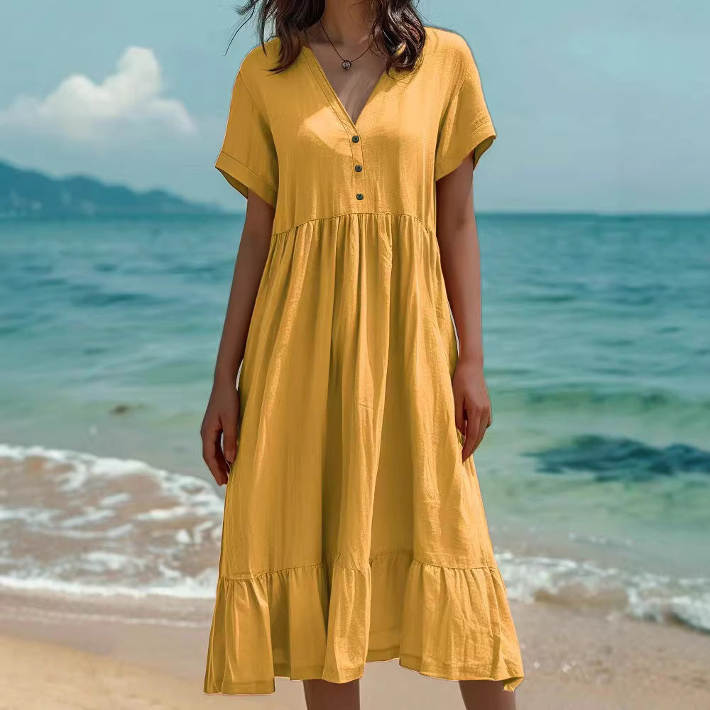 Solid-color Short-sleeve Fashionable Pleated Dress