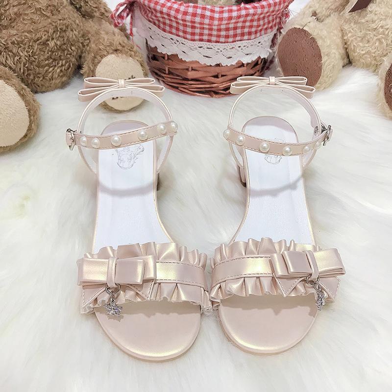 New Lolita Shoes Women's Sweet Pleated Lace Mid-heel Lolita Sandals