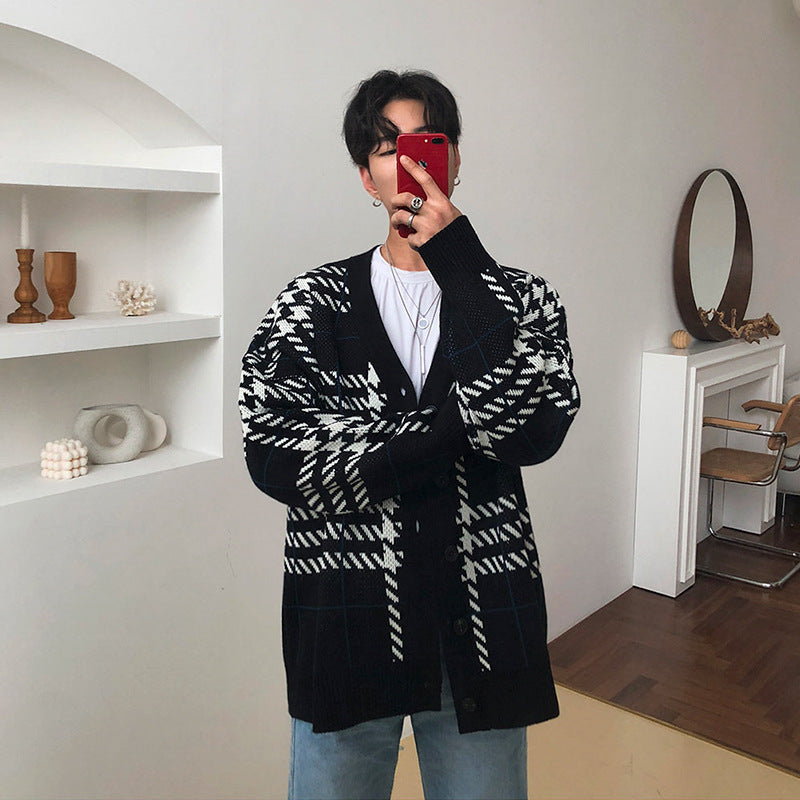 Plaid Sweater Korean Version Knitted Sweater Cardigan Men's Coat