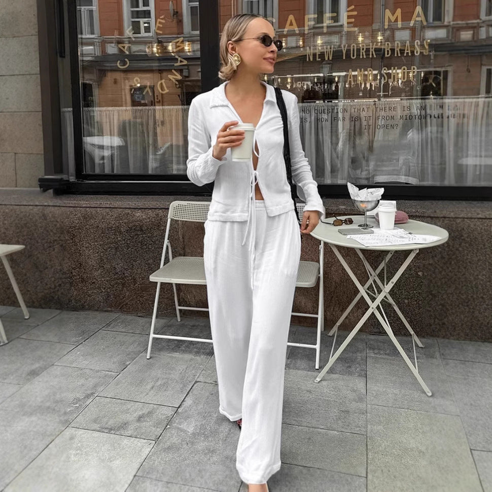 Fashion White Tie-front Cardigan Wide-leg Pants