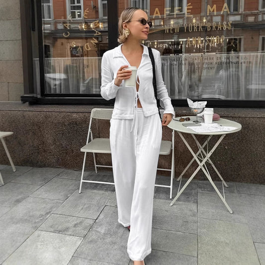 Fashion White Tie-front Cardigan Wide-leg Pants