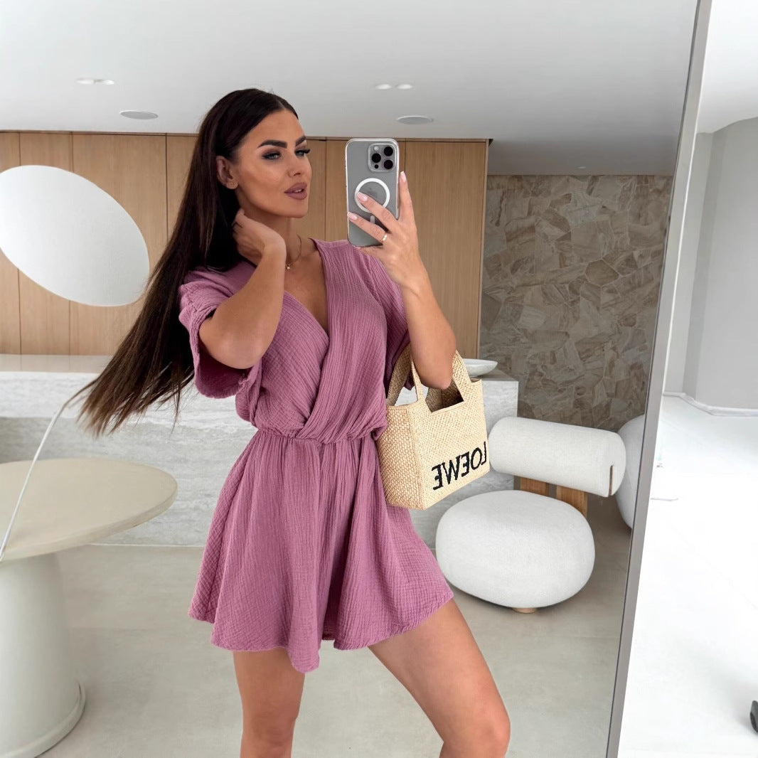 Summer V-neck Fashion Casual Waist Tight Solid Color Jumpsuit For Women