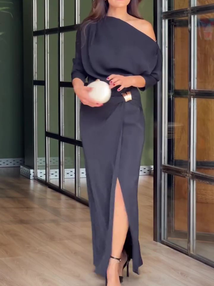 One-Shoulder Metal Buckle High Slit Dress