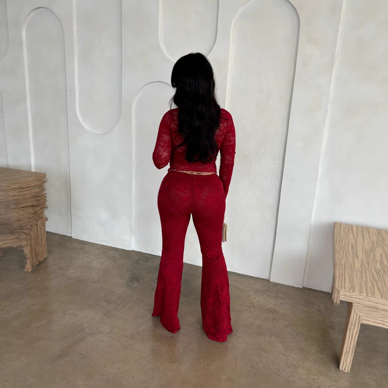Lace Top With Long Sleeves And Lace Pants Two-piece Set