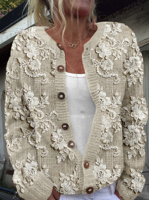3D Digital Print Cardigan Strikket Frakke Damebeklædning