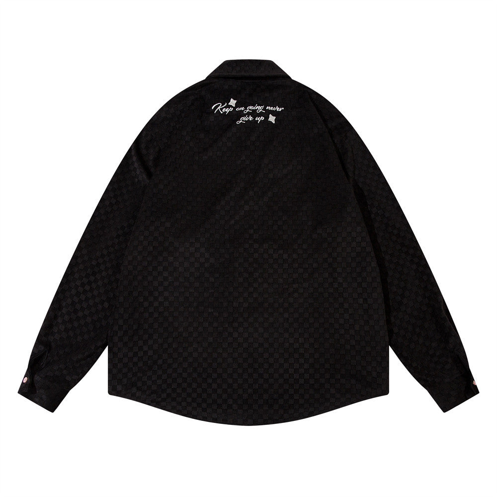 Embroidered Letter Chessboard Plaid Long Sleeve Shirt Coat