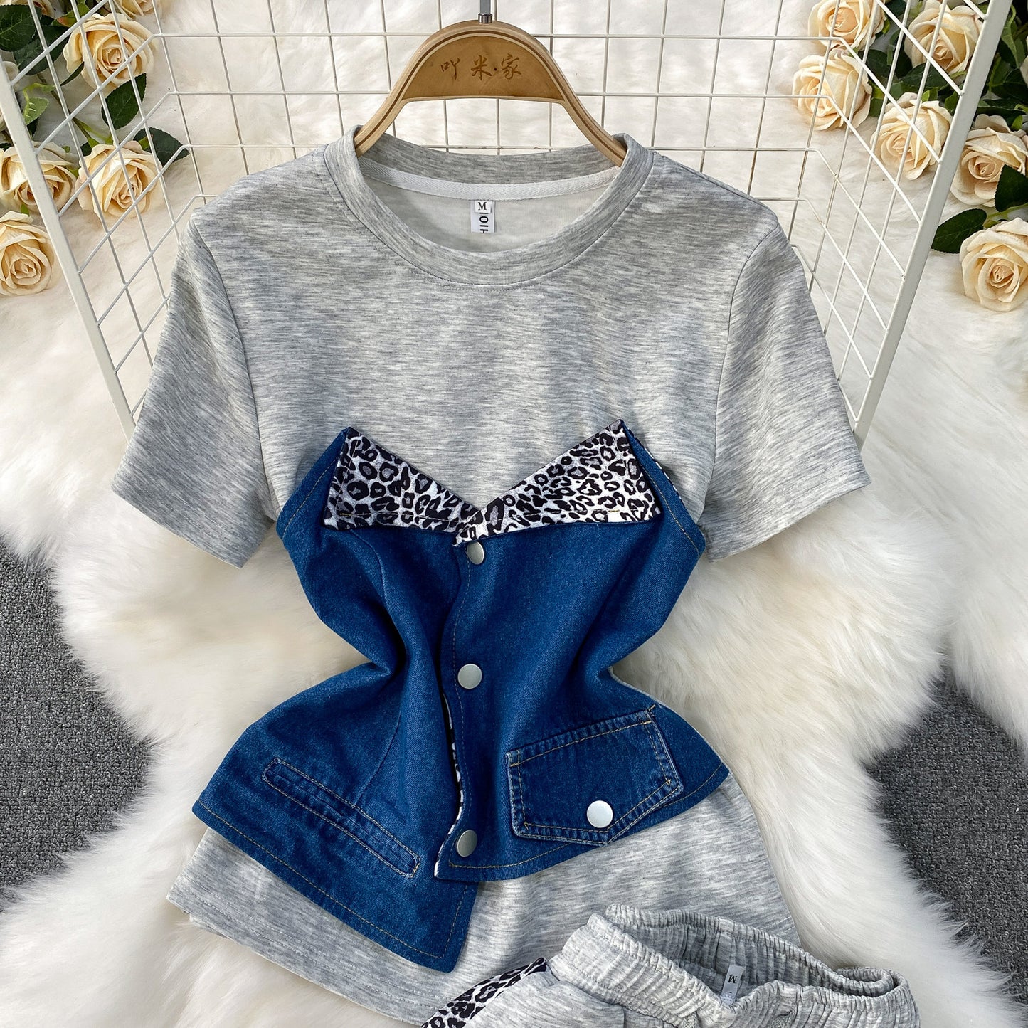 Fashionable Patchwork Denim Short-Sleeve Top And Wide-Leg Pants Two-Piece Set