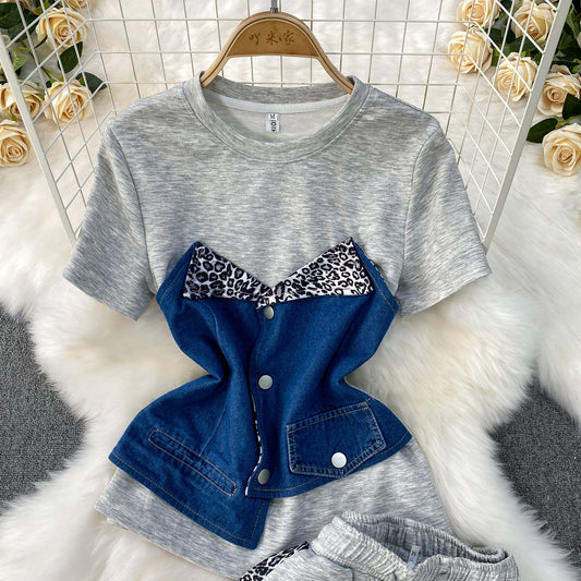 Fashionable Patchwork Denim Short-Sleeve Top And Wide-Leg Pants Two-Piece Set