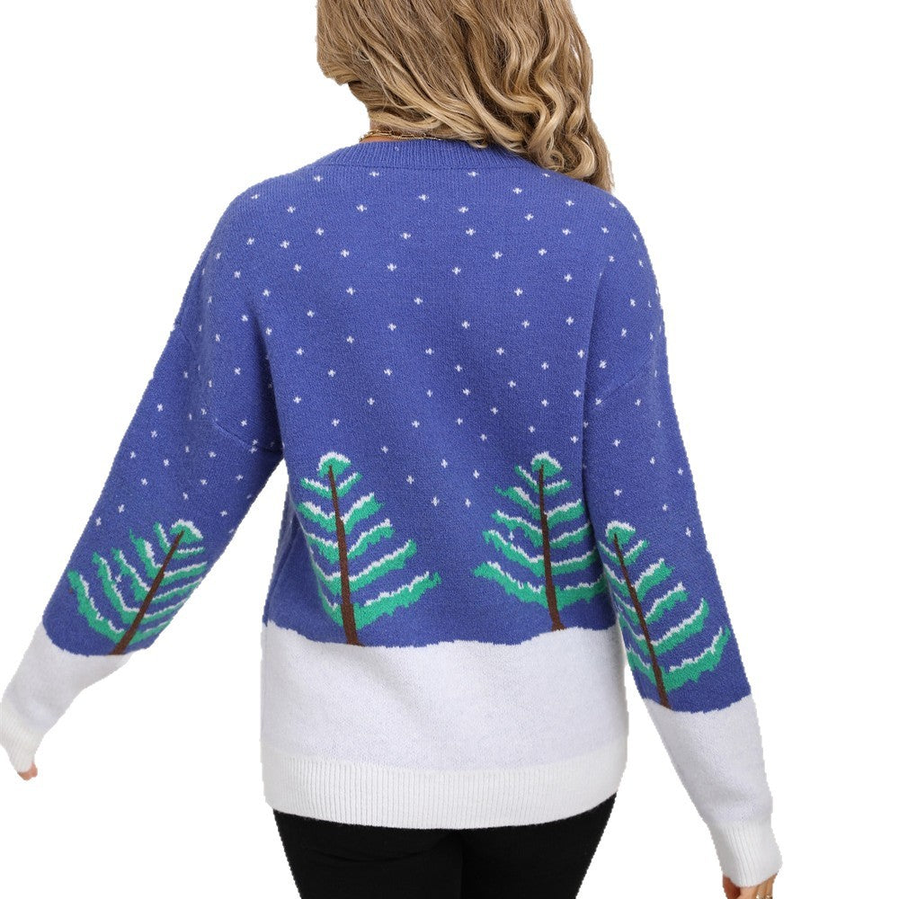 Blue Jacquard Long Sleeve Round Neck Christmas Knitted Pullover Leisure Sweater