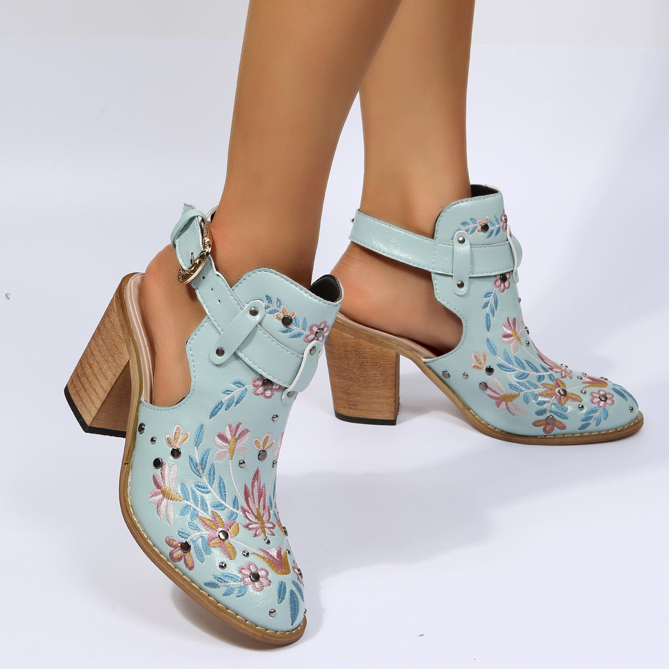 Round Toe Women's New Chunky Heel Embroidered Buckle Boots